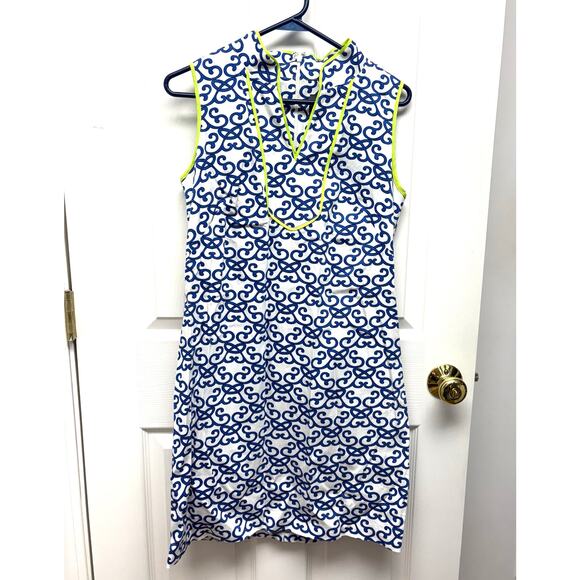 Vince Camuto White Blue Sleeveless A-Line, Lime Green Trim, Women's Size 8 - Picture 1 of 5